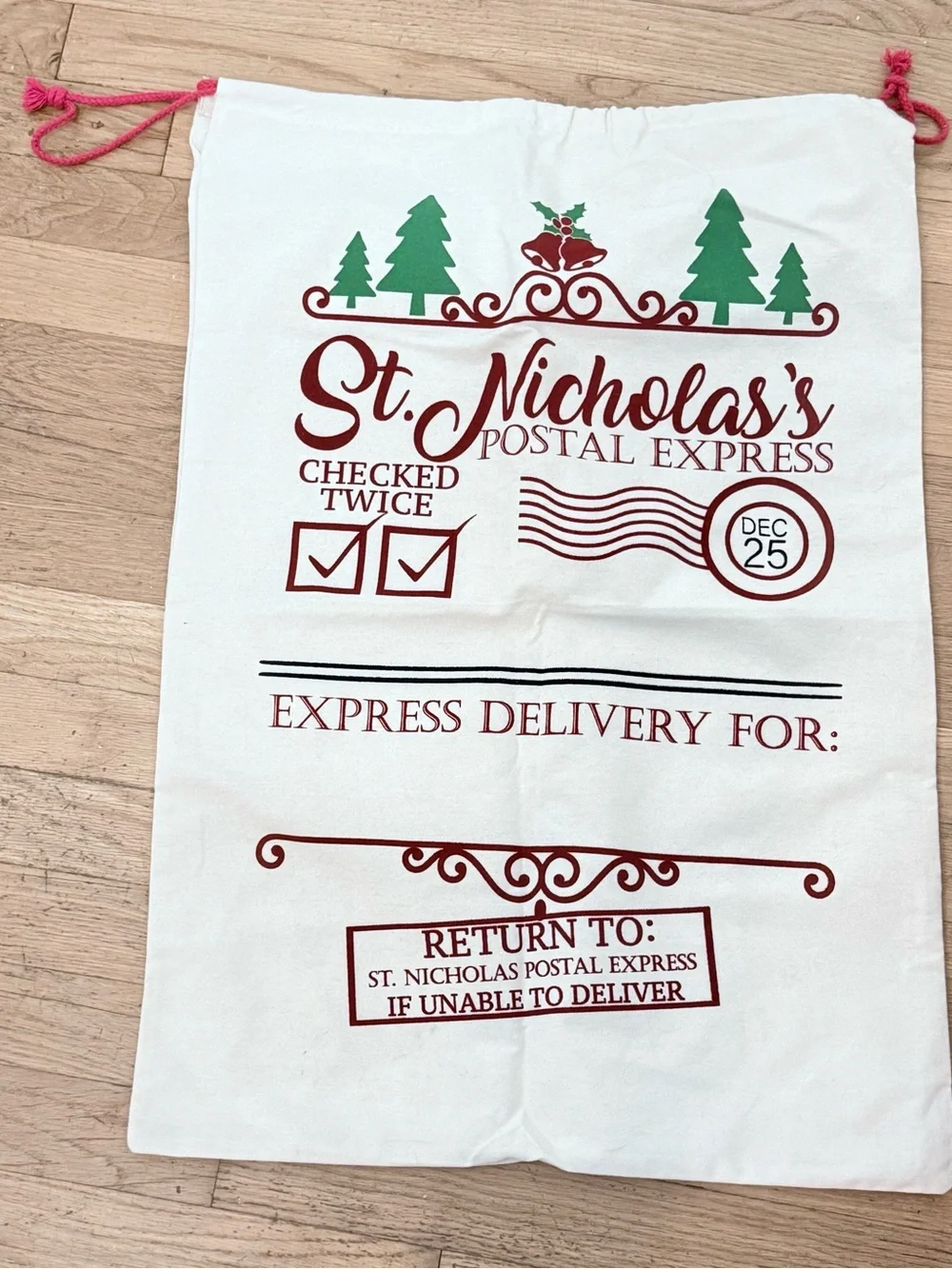 St. Nicholas's Postal Express Holiday Sack - White with Red & Green Print